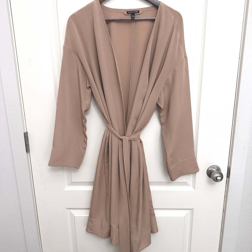 Eileen Fisher 100% Silk Kimono Jacket Women's XL Camel Open Front Belted Pockets - Picture 3 of 8